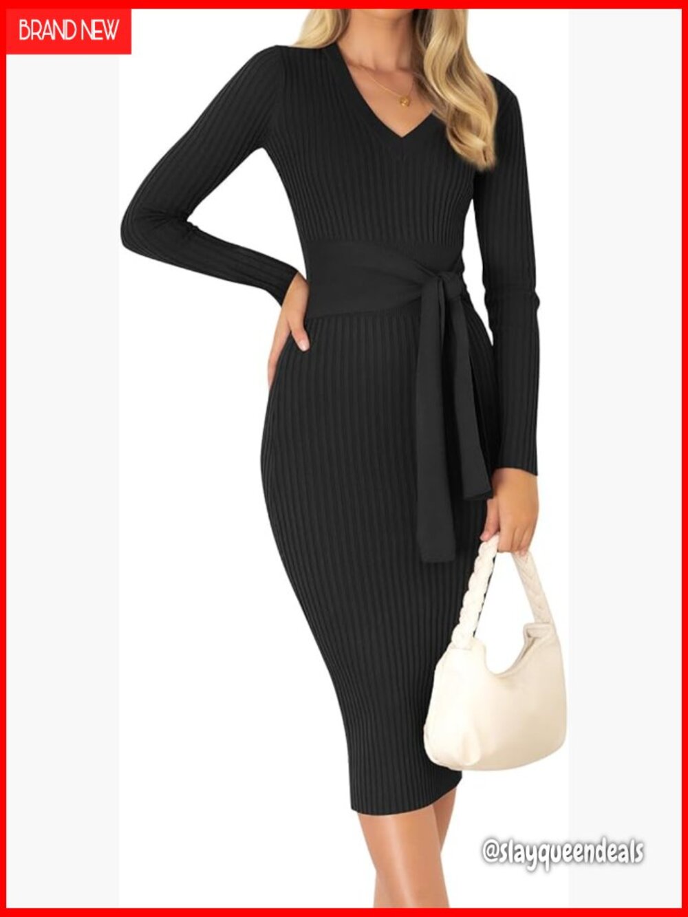 V Neck Long Sleeve Ribbed Knit Tie Waist Bodycon Slim Fit Midi Dress